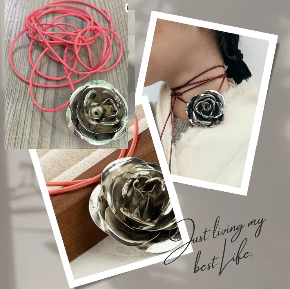 Tiaras Trends Silver Rose Cord Wrap Necklace